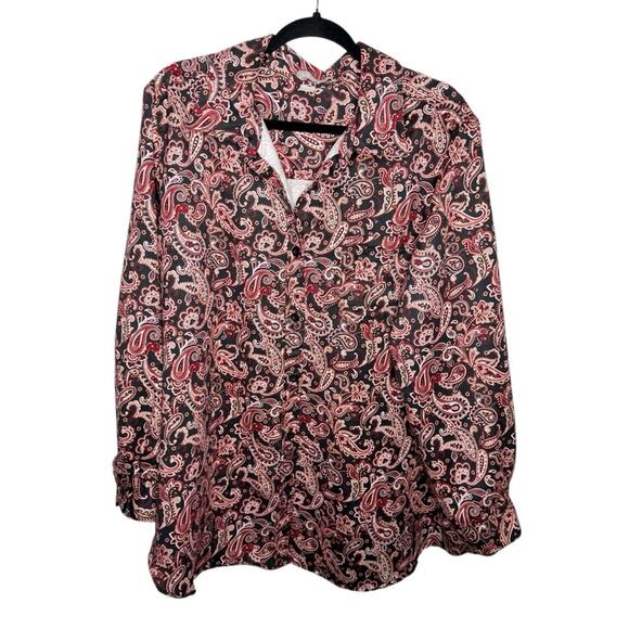 WOMAN WITHIN / red black paisley printed faux suede button up shirt / 1X - Picture 1 of 9